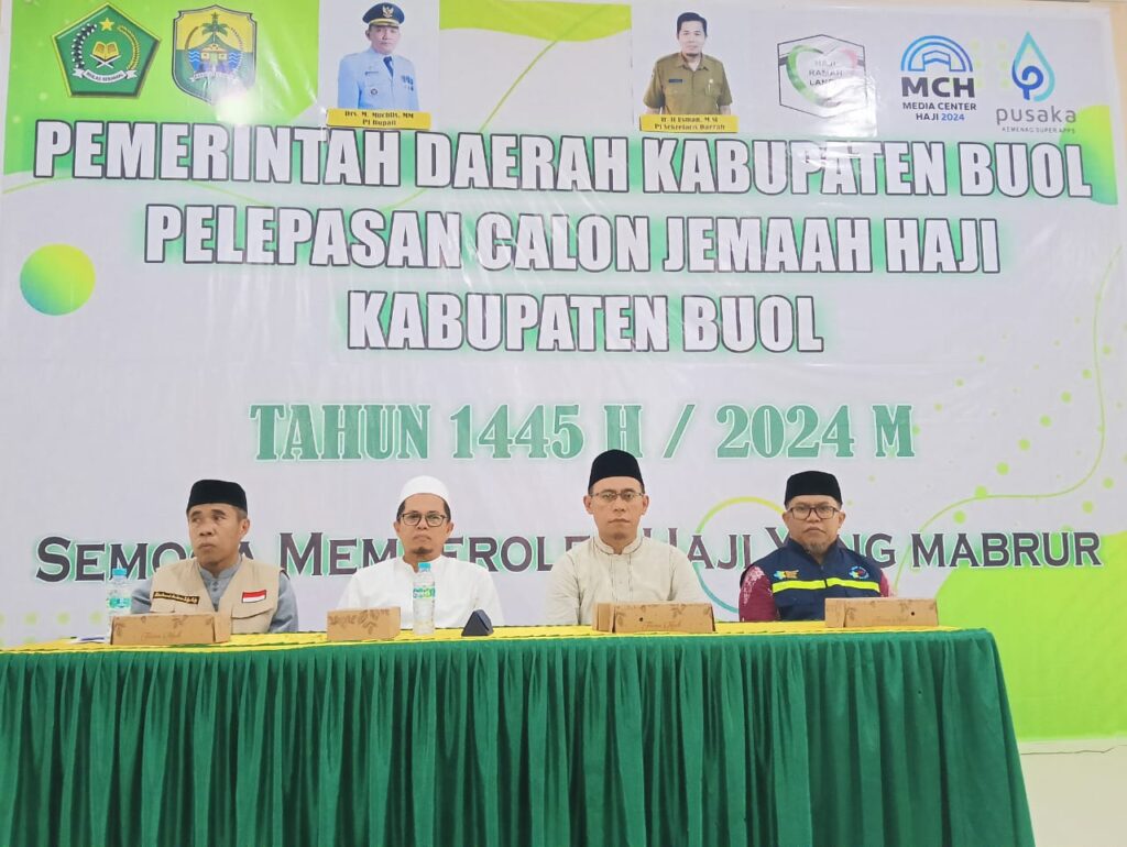 Bertempat di Masjid Agung, Kelurahan Leok II, Kecamatan Biau, Kabupaten Buol pada Minggu 26 Mei 2024, digelar acara pelepasan dan pengantaran calon jamaah haji Kabupaten Buol. Kegiatan ini dihadiri oleh Pj. Sekda Buol, Ir. H. Usman Hasan, M.Si, yang mewakili Pj. Bupati Buol, Drs. M. Muchlis, MM.