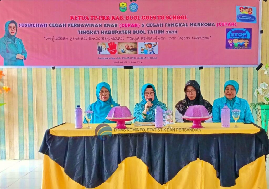 Ketua Tim Penggerak PKK Kabupaten Buol, Ny. Hj. Nurhayati M. Muchlis, AMG, melalui kegiatan Ketua TP-PKK Kab. Buol Goes to School melaksanakan sosialisasi untuk mencegah perkawinan anak (CEPAK) dan penyalahgunaan narkoba (CETAR) di lingkungan sekolah di Kabupaten Buol. Kegiatan ini merupakan bagian dari program unggulan Pokja I yang diketuai oleh Ibu Sumiati Day Hasyim yang fokus pada Penghayatan dan Pengamalan Pancasila dalam kehidupan bermasyarakat. Kegiatan ini dimulai pada hari ini Rabu 5, Juni 2024 dan akan berlangsung hingga 20 Juni mendatang.